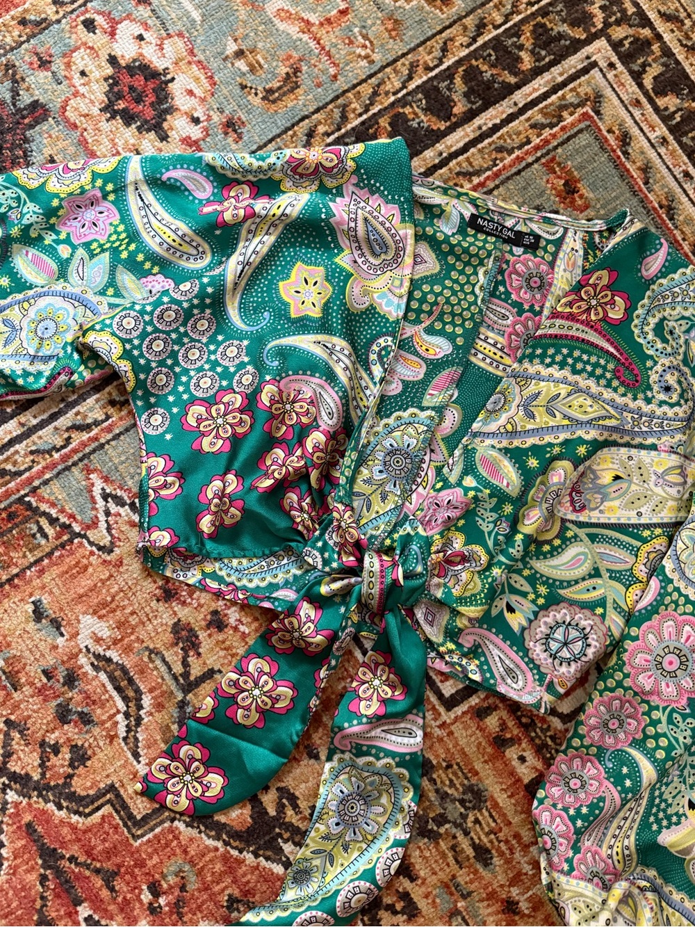 Nasty Gal Green Paisley Tie-Front Blouse